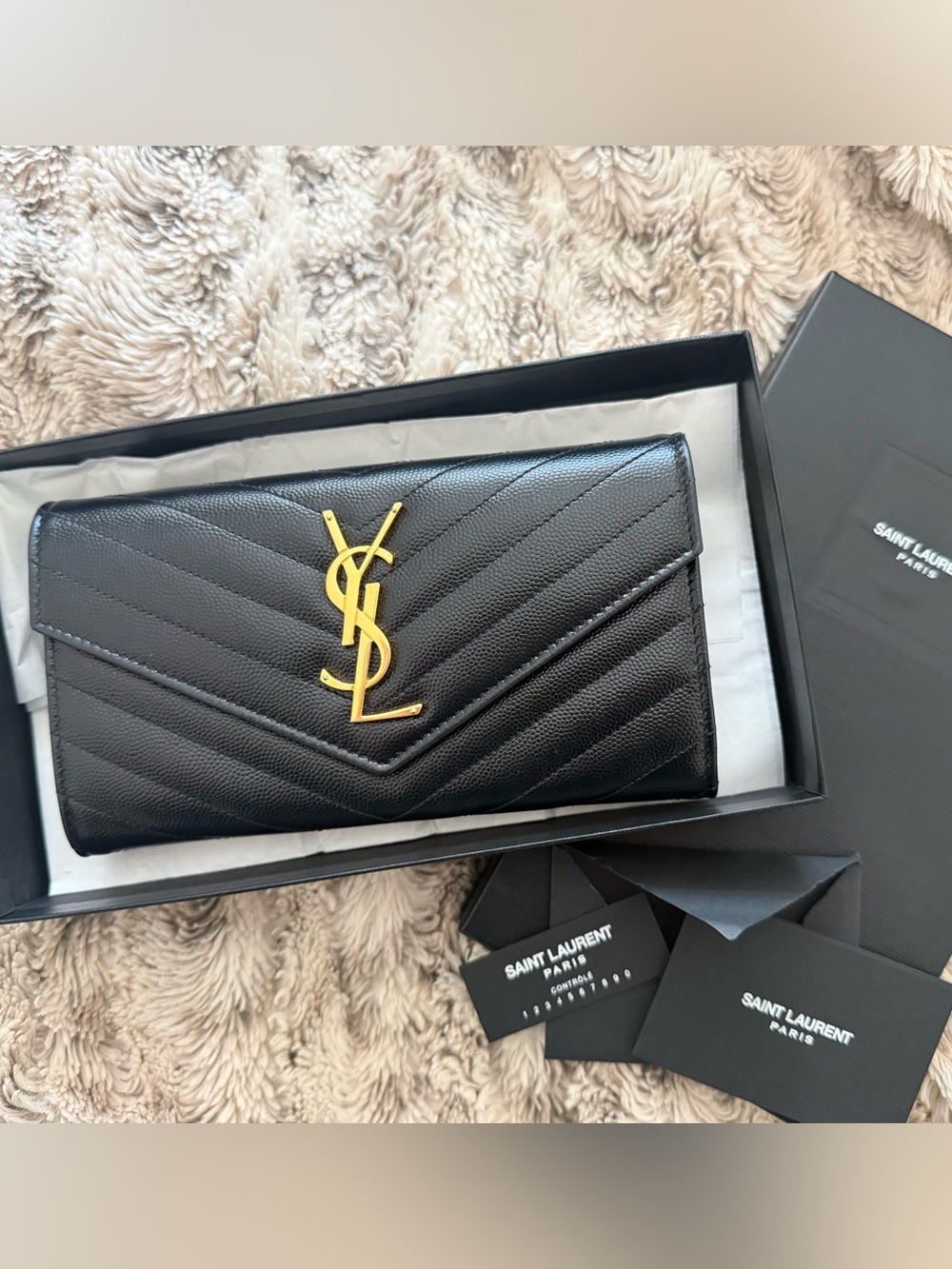 Yves Saint Laurent Large Matelasse Flap Chevron Wallet, Black and Gold Hardware